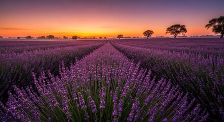 Fototapeta premium Vast lavender fields bask in a vibrant sunset glow, rows receding