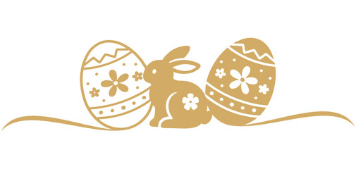 Fototapeta premium Vector illustration of an Easter bunny with two Easter eggs with golden silhouettes