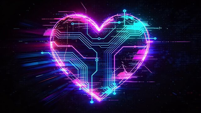 Neon circuit heart shape with glowing nodes on black background