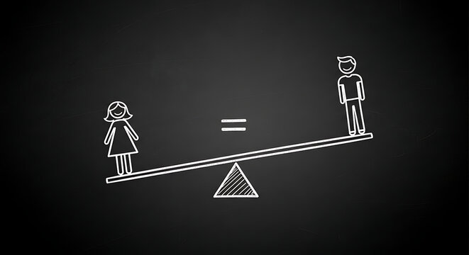 A man and woman stand balanced on a seesaw in equality.