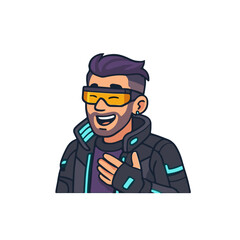 Obraz premium Cyberpunk man laughing. Futuristic character laughing. Sci-fi happy gesture