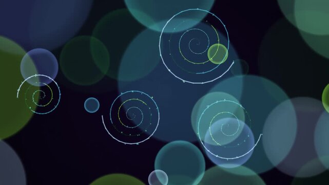 Abstract Digital Particle Spirals with Soft Bokeh Light Overlays on Dark Background