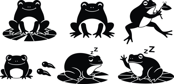 Minimalist vector frog icons set showing smiling sitting and jumping frogs catching insect sleeping tadpole pair on lily pad close up flat design simple black silhouette