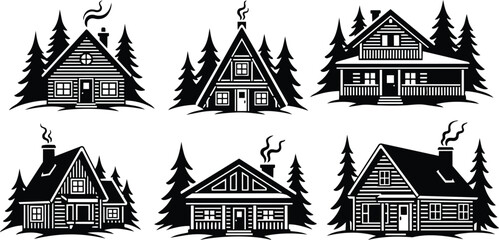 Naklejka premium Rustic vector cabin icons set showing six different wooden mountain cabins front view with pine trees chimneys smoke varied roofs close up composition black silhouette woodcut