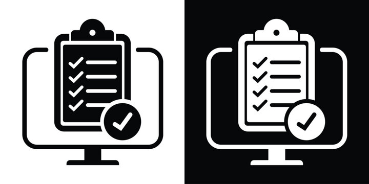 Flat icon of a clipboard with checkmarks on a monitor. Ideal for illustrating online task management, survey completion, electronic checklists, and digital project organization.