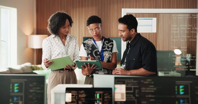 Tablet, coding and business people in office with discussion for website development project. Digital technology, meeting and team of coders with programming for software update at startup agency.