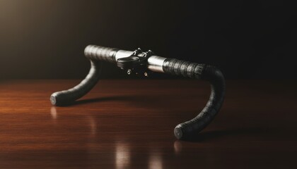 Close-up of lightweight aluminum bicycle handlebars with textured grip, resting on a polished wooden surface.