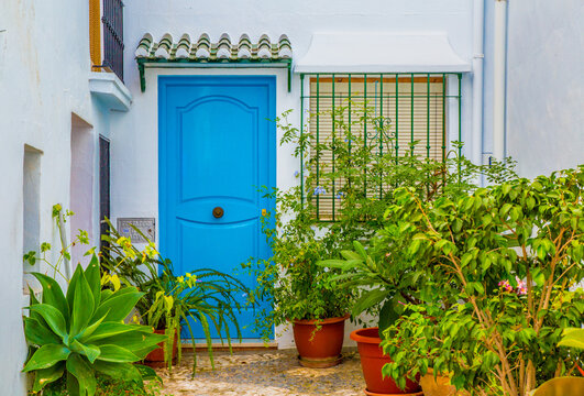 Charming blue door with potted plants in a sunlit Mediterranean courtyard