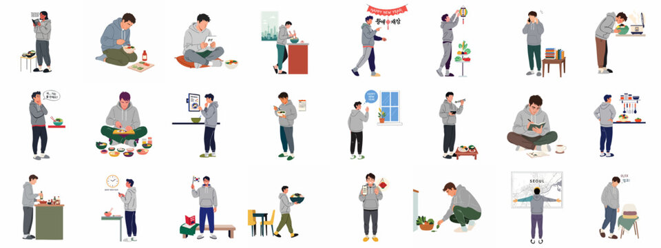 A series of illustrations depicting a person's journey of exploring Korean culture, cuisine, and daily life, including cooking, learning, and celebrating.