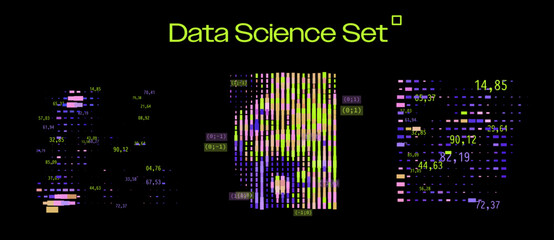 Colorful pixel heatmap with coordinates, numbers and neon scatter circles in abstract data matrix art. Conceptual vector illustration for data science and big data visualization.