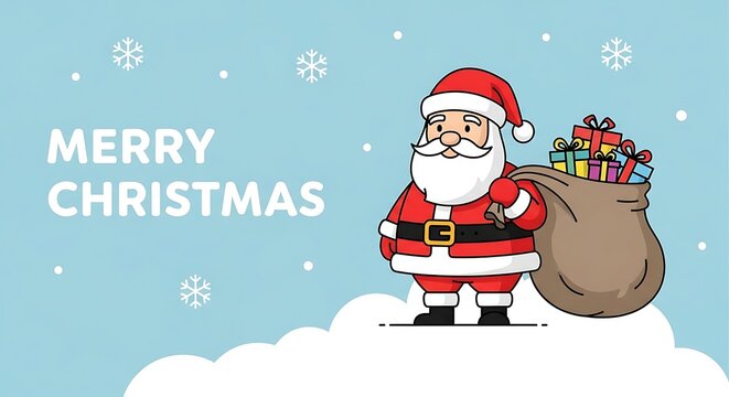 Santa claus carrying gifts on a snowy cloudy background