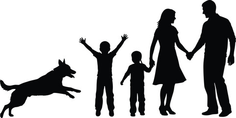 Obraz premium Black silhouette of family with dog people running dog
