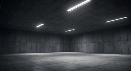 Empty industrial concrete warehouse interior featuring stark geometric shapes and overhead fluorescent lighting illuminating the vast dark space ready for use.