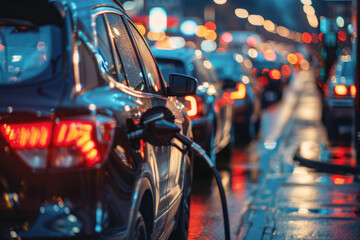 Fototapeta premium line of cars waiting for fuel during an energy shortage crisis at gas station. 