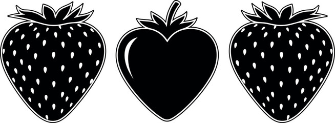 Strawberry fruit silhouette icon set with seeds and leaves fresh berry vector illustration isolated on white background for food design © MstRazia