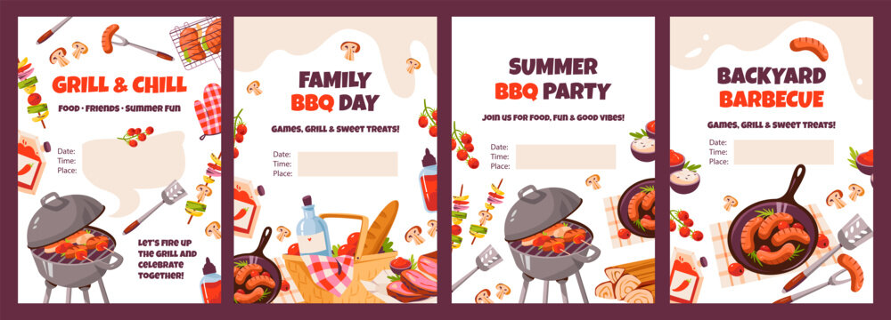 BBQ party invitation template with grill and sausages. Summer backyard barbecue poster design for outdoor event promotion. Festive summer cookout banner.