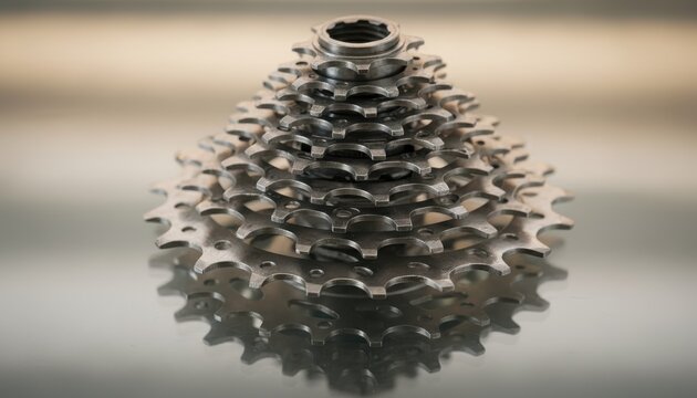 A clean, polished bicycle freewheel cassette cluster with multiple sprockets, showcasing mechanical detail and cycling component design