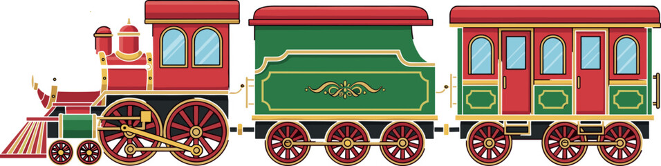 Vintage steam locomotive train vector illustration with classic railway engine, passenger carriage and tender wagon, colorful retro transportation design isolated on white background © MstRazia