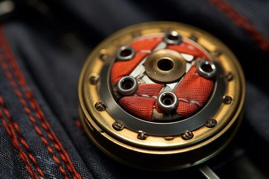 Close up of an electrodynamic transducer showcasing its intricate details, including a vibrant red membrane and a precisely crafted brass frame