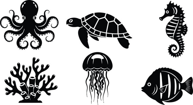 Silhouette marine icons set close up octopus turtle seahorse coral jellyfish angelfish vector style black on white flat graphic composition