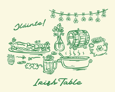 Beautiful whimsical St. Patrick's Day Party table vector illustration, Irish symbols, Ireland,