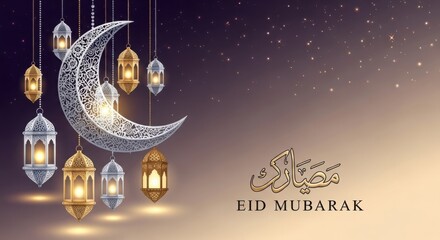 A beautiful ramadan kareem card with lanterns and a crescent moon