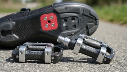 Close-up of Bicycle Shoe Cleat Engaging with a Cycling Pedal Mechanism Outdoors