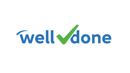 A clear graphic displaying the phrase 'well done' in blue text, with an integrated green checkmark signifying pure achievement, success, and