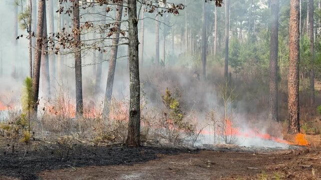 Prescribed burn in a forest with fire, smoke and crackling sound