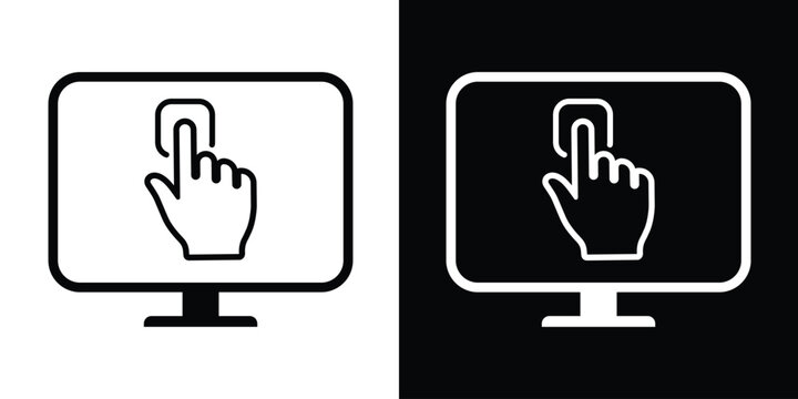 Touch screen monitor icon with a hand gesture. Vector illustration of a finger tapping a computer display, available in black and white versions for UI/UX design and digital interaction.