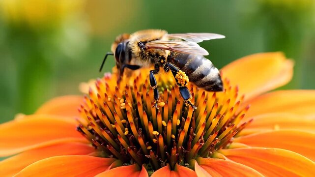 Closeup macro shot of a honey bee diligently collecting nectar and pollen from the vibrant orange center of a blooming coneflower in a sunny garden setting.