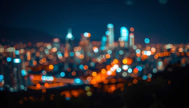 A blurred nighttime cityscape with vibrant lights and a dark sky