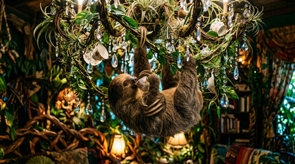 Fototapeta premium Sloth vine chandelier with tea sip posture, calm face dangle, hanging amid lush greenery, captured in a cozy, tranquil view