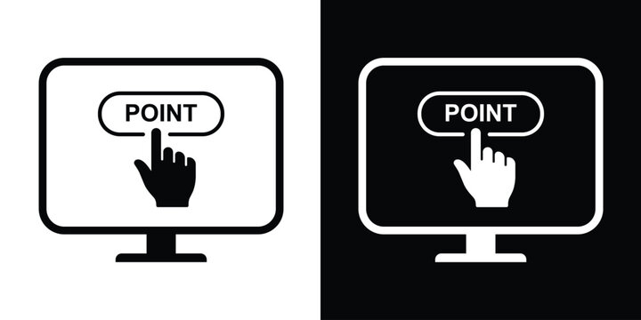 Monitor icon showing a hand clicking a "POINT" button. Clean vector graphic for user interface instructions, software navigation, and digital touchpoint demonstrations.