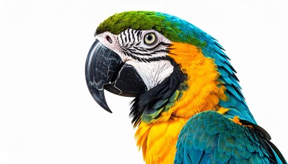 Fototapeta premium Vibrant Blue and Yellow Macaw Parrot Portrait Isolated on White Background