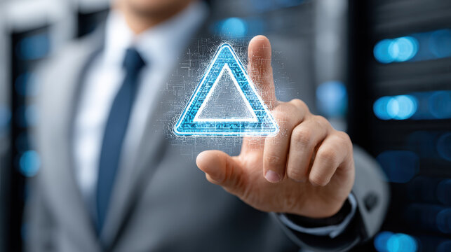 Businessman hand reaching toward blue glowing digital hologram triangle symbol alert with warning concept futuristic data center with emotionless