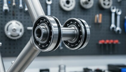 Close-up view of sealed ball bearings for a bicycle bottom bracket, showcasing precision engineering and metallic components in a workshop setting.