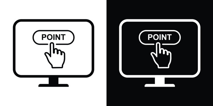 Monitor icon showing a hand clicking a "POINT" button. Clean vector graphic for user interface instructions, software navigation, and digital touchpoint demonstrations.