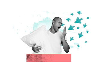 Composite photo collage of tired sleepy american guy hold pillow yawn ready sleep day off relax bed...