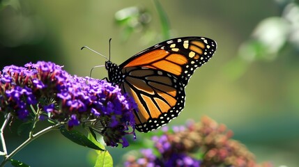 Obraz premium Orange-patterned Butterfly Perched on Green Leaves: A Natural Sprite in Forest Light and Shadow