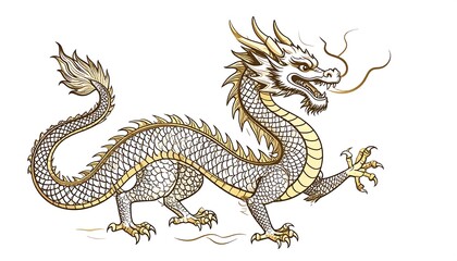 Fototapeta premium An illustration depicting an oriental dragon with detailed scales, claws, and whiskers, set against a plain white background