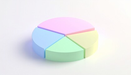Obraz premium 3D pastel pie chart with four segments in pink, green, and blue, soft gradient background, modern clean data visualization.