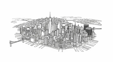 Fototapeta premium Sketch of a dense urban skyline with numerous skyscrapers by the water