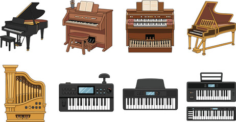 Collection of keyboard musical instruments, grand piano organ harpsichord synthesizer and digital keyboard illustration set © MstRejowana