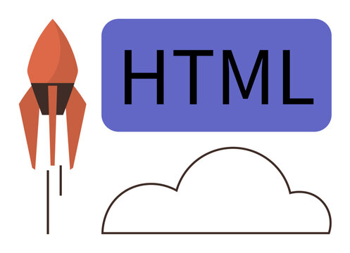 Web development, coding, cloud computing, technology innovation, programming learning, digital growth. Red rocket, blue HTML label outline cloud. Web development and coding concept