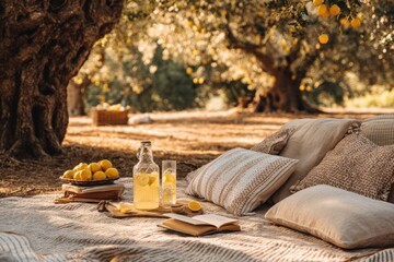 Cozy blankets arranged beneath leafy trees creating stylish summer picnic scene