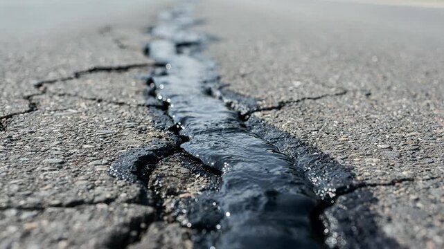 Detailed medium shot of freshly applied black crack sealant drying on a road focusing on the glossy seal lines with blurry surrounding asphalt for depth.