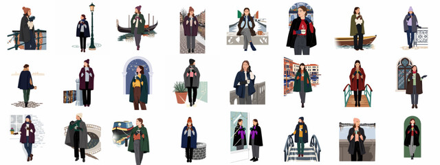 Stylish women in winter capes sipping hot vegan drinks across picturesque European city scenes and canals. © Sabiqul