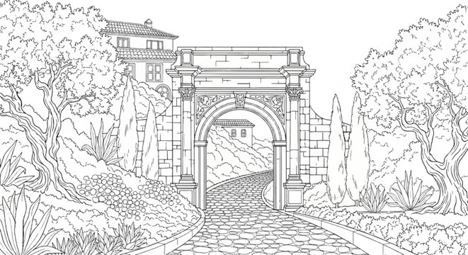 Ancient stone archway opens to a winding cobblestone path through lush gardens