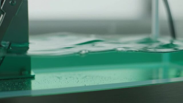 Science meteorology experiment concept. Close-up of a paper stapler submerged in clear water with bubbles.